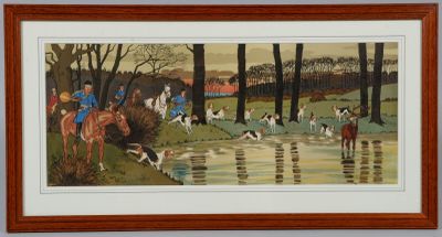 tableau représentant une scène de chasse avec des chiens et des chasseurs dans une zone boisée