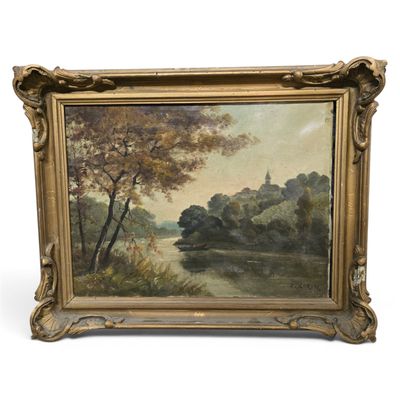 a painting of a landscape with trees and a river in the foreground