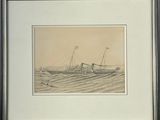 drawing of a boat in the ocean with a flag on it