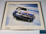 painting of a blue car driving on a track with a white background