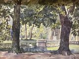 a watercolor painting of a park with a bench and trees