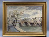 un tableau représentant un pont enjambant une rivière, avec des arbres au premier plan