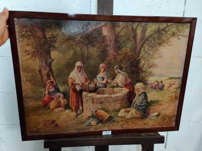 un tableau représentant un groupe de personnes rassemblées autour d'un puits