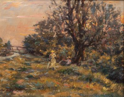 un tableau représentant une femme marchant dans un champ
