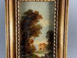 a painting of a landscape with a house in the distance
