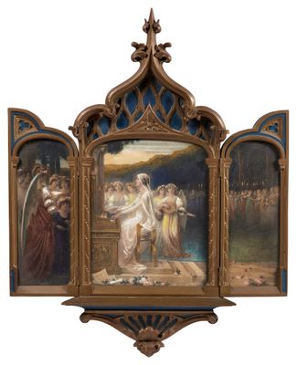 an image of a painting of a group of people standing in front of a cross