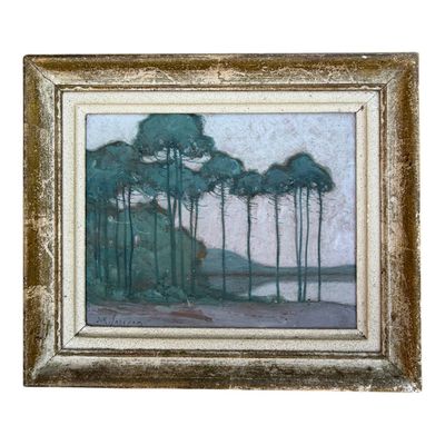 peinture représentant un paysage avec des arbres et un lac en arrière-plan