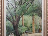 painting of a group of people sitting under a tree in a park