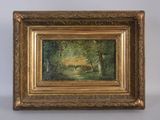an oil painting of a deer in a wooded area with trees