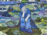 a painting of a woman sitting in a field