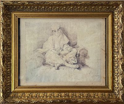 a drawing of a woman sitting on a bed with a dog