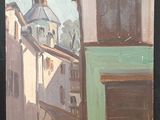 painting of a church steeple with a clock tower in the background