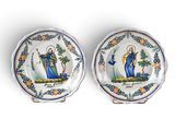 two plates with a picture of jesus and a woman on them