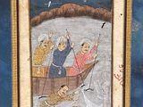 an image of a painting of people in a boat on a body of water