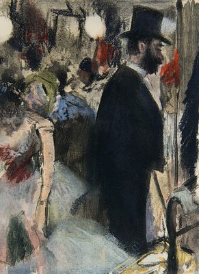 un tableau représentant un homme coiffé d'un haut-de-forme, debout devant une foule