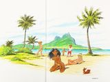 deux pages d'un livre sur lesquelles figurent une fille et un garçon à la plage