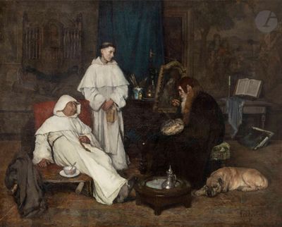 tableau représentant un groupe de personnes assises autour d'une table en compagnie d'un chien