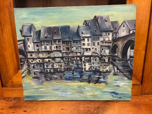 École du 20e siècle « Village au bord de l’eau ». Huile suf toile...