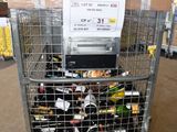a cart full of bottles of wine in a warehouse