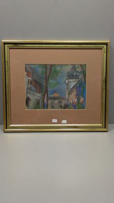 un tableau représentant un bâtiment surmonté d'une tour horloge