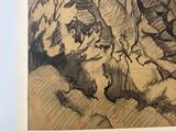 a picture of a drawing of a man sitting on a rock
