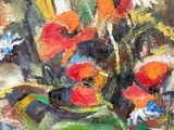 a painting of flowers in a green vase on a table