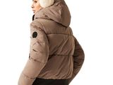 the woman is wearing a jacket with a hood and ear muffss