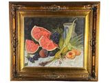 tableau représentant une nature morte composée d'une pastèque, de prunes et d'autres fruits