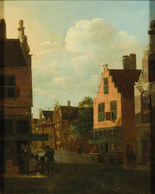 painting of a street scene with a horse drawn carriage in the foreground
