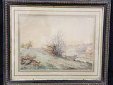 a painting of a landscape with a river and trees in the background