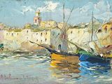 une peinture de bateaux dans un port avec des bâtiments à l'arrière-plan