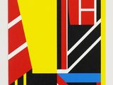 an image of a painting of a yellow, red, blue and black geometric design