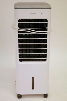a small white air conditioner sitting on a white surface