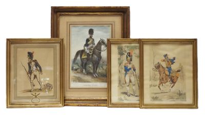 three framed paintings of men riding horses and a man riding a horse