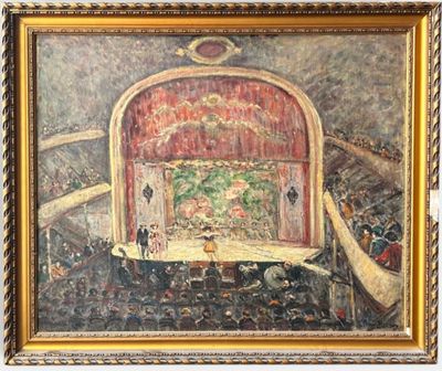 an oil painting of a stage with a curtain and a man on stage