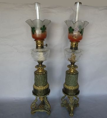 pair of antique glass and brass candlesticks with flowers and leaves