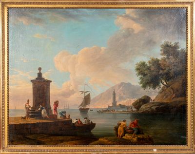 une peinture à l'huile représentant des personnes à bord d'un bateau sur un plan d'eau