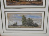 painting of a farm scene with trees and a barn in the distance