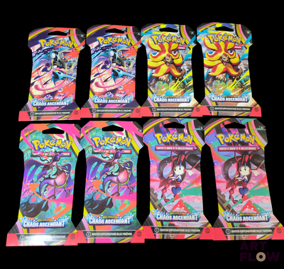 six paquets de cartes à collectionner Pokémon sur fond noir