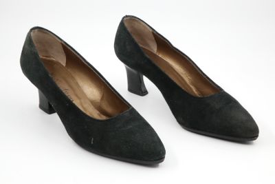 pair of black sued pumps with wooden heel
