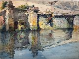 a watercolor painting of a building on the water