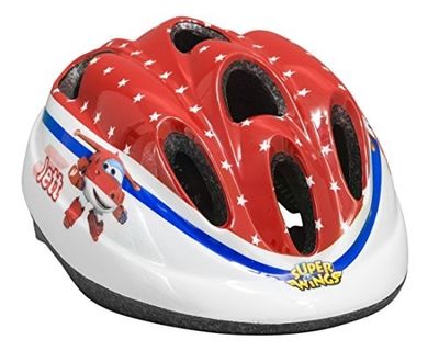 Le casque est rouge, blanc et bleu, avec des étoiles dessus.
