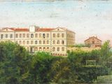 painting of a large building with a clock on the top of it
