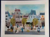 a painting of a street scene with people walking around