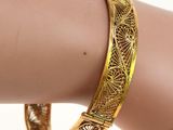 an image of a close up of a person ' s arm wearing a gold bracelet