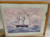 two framed paintings of horses and a ship in the ocean