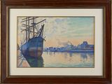 painting of a ship in the water with a city in the background