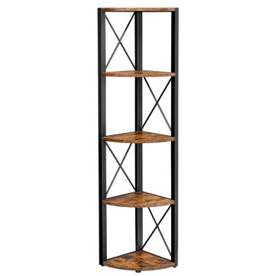 une étagère d'angle en bois et en métal comportant quatre tablettes