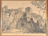 drawing of a castle on a rocky hill with a man standing in front of it