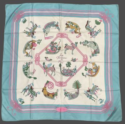 an image of a square scarf with a picture of people and animals on it